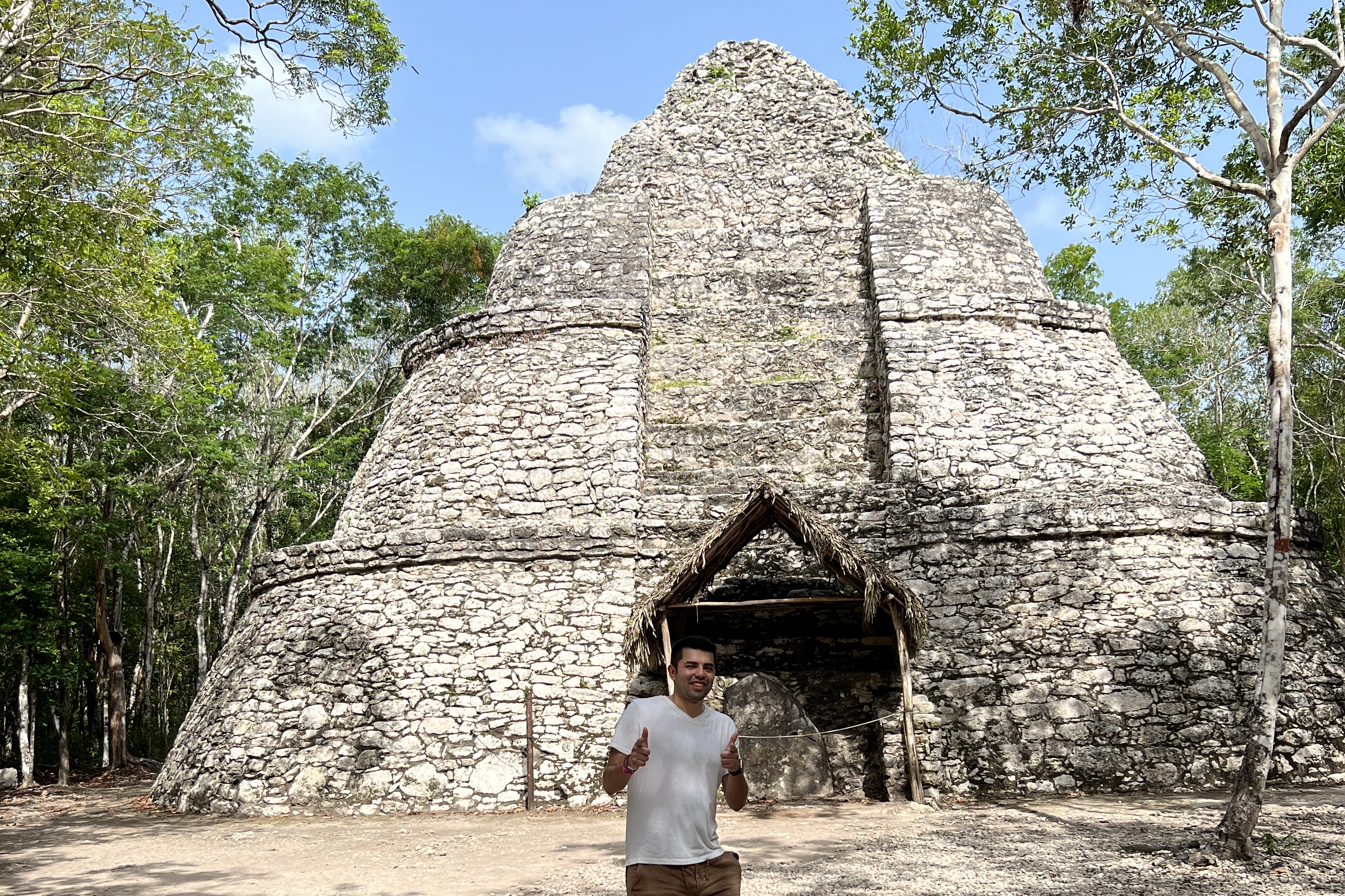 Christian Haro in front of Mayan Pyramid at Coba,Mexico